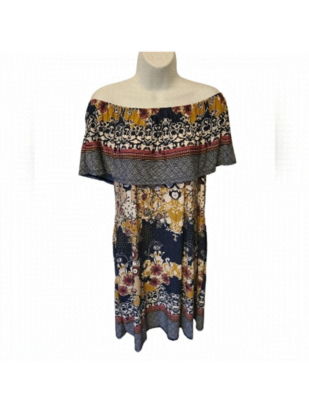TRIBE Blue off the Shoulder Bohemian Floral MIDI Sundress Dress Size Small NWT